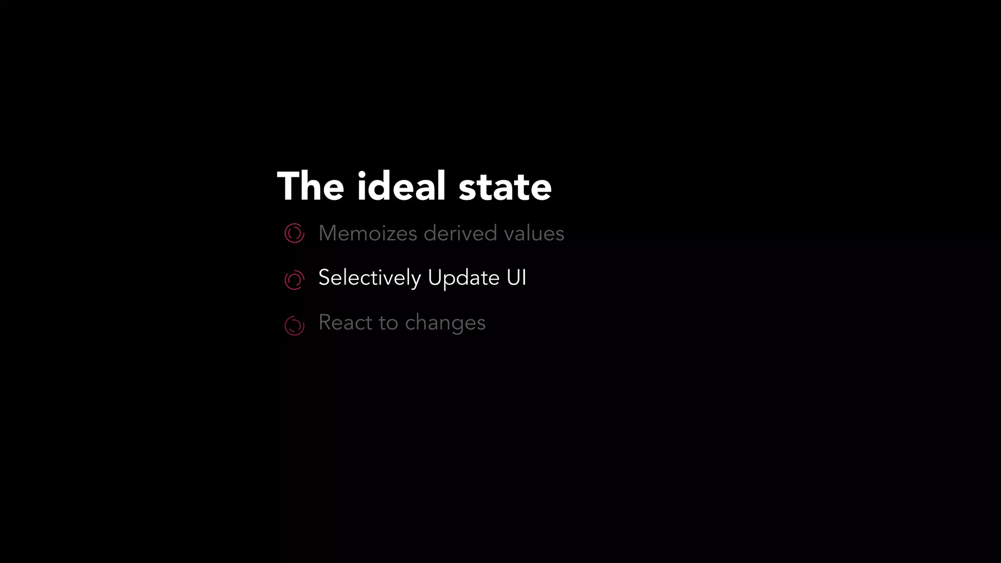The ideal state
Memoizes derived values
Selectively Update UI
React to changes
 