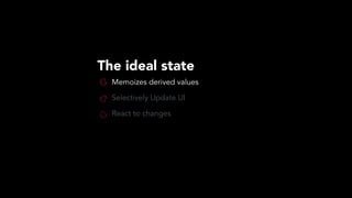 The ideal state
Memoizes derived values
Selectively Update UI
React to changes
 