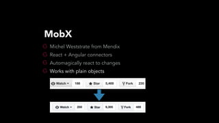 Michel Weststrate from Mendix
React + Angular connectors
Automagically react to changes
Works with plain objects
MobX
 