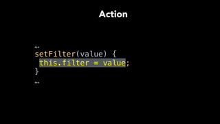 …
setFilter(value) { 
this.filter = value; 
} 
…
Action
 