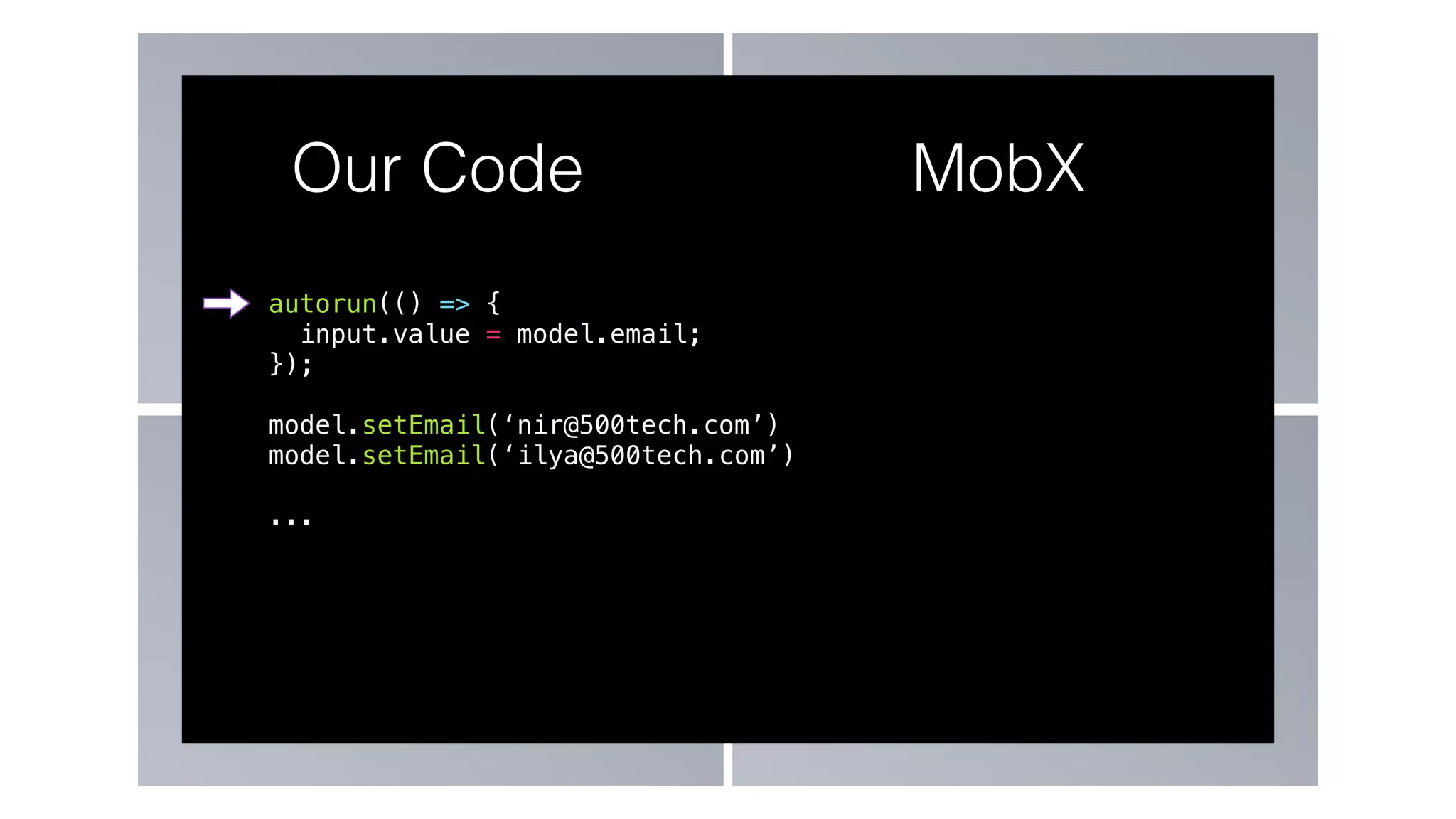 autorun(() => {
input.value = model.email;
});
model.setEmail(‘nir@500tech.com’)
model.setEmail(‘ilya@500tech.com’)
...
Our Code MobX
 