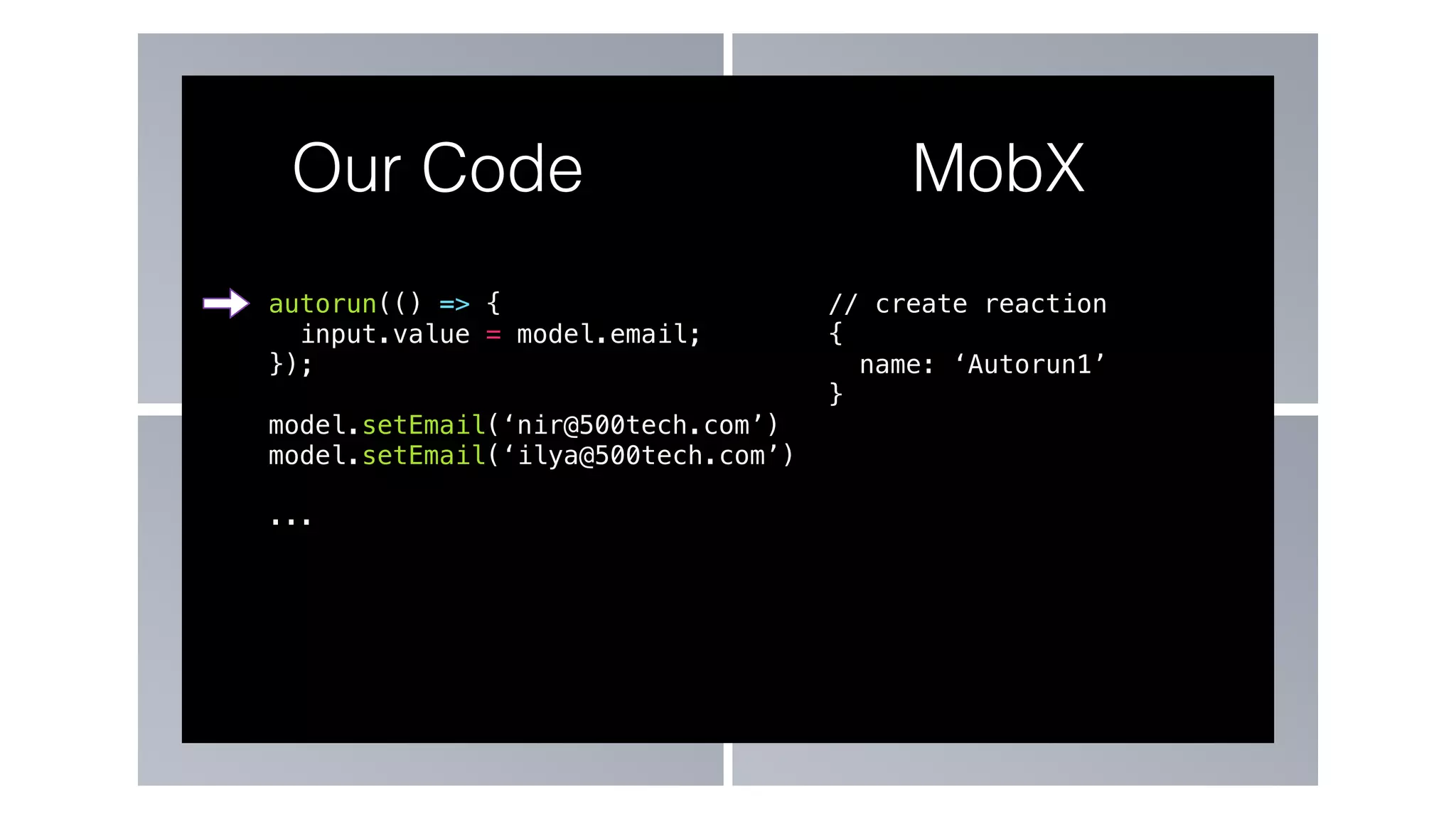 autorun(() => {
input.value = model.email;
});
model.setEmail(‘nir@500tech.com’)
model.setEmail(‘ilya@500tech.com’)
...
Our Code MobX
// create reaction
{
name: ‘Autorun1’
}
 