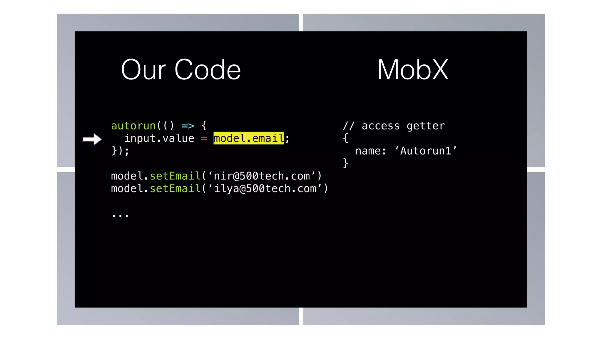 autorun(() => {
input.value = model.email;
});
model.setEmail(‘nir@500tech.com’)
model.setEmail(‘ilya@500tech.com’)
...
Our Code MobX
// access getter
{
name: ‘Autorun1’
}
 