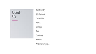 Battlefield 1
MS Outlook
Datorama
AWS
Simplee
Sap
Coinbase
Mendix
And many more…
Used
By
 