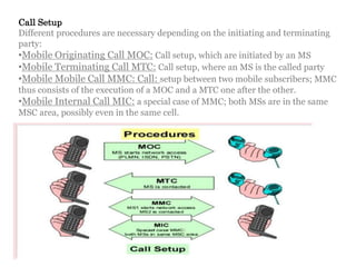 Call Setup
Different procedures are necessary depending on the initiating and terminating
party:
•Mobile Originating Call MOC: Call setup, which are initiated by an MS
•Mobile Terminating Call MTC: Call setup, where an MS is the called party
•Mobile Mobile Call MMC: Call: setup between two mobile subscribers; MMC
thus consists of the execution of a MOC and a MTC one after the other.
•Mobile Internal Call MIC: a special case of MMC; both MSs are in the same
MSC area, possibly even in the same cell.
 