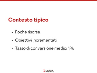 Contesto tipico
• Poche risorse
• Obiettivi incrementati
• Tasso di conversione medio: 1%
 