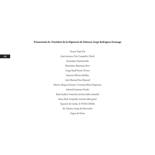 / 100 /
Il·lustríssim Sr. President de la Diputació de València Jorge Rodríguez Gramage
Vicent Vayà Pla
José Antonio Tarí Campello (Taiti)
Stanislaw Zawistowski
Marcelino Martínez Picó
Jorge Raúl Ferrer Torres
Antonio Morte Abellán
José Manuel Ros Manuel
Héctor Alepuz Soriano i Cristina Martí Espinosa
Gabriel Giménez Verdú
Rafa Guillot Comeche (artista falla infantil)
Anna Ruíz Sospedra (artista falla gran)
Quartet de Corda: A TOTA CORDA
AC L’Arxiu Camp de Morvedre
Yogur de Fresa
 