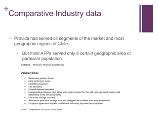 +
Comparative Industry data
 Provida had served all segments of the market and most
geographic regions of Chile.
 But most AFPs served only a certain geographic area or
particular population.
 