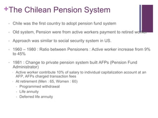 +The Chilean Pension System
 Chile was the first country to adopt pension fund system
 Old system, Pension were from active workers payment to retired worker
 Approach was similar to social security system in US.
 1960 – 1980 : Ratio between Pensioners : Active worker increase from 9%
to 45%
 1981 : Change to private pension system built AFPs (Pension Fund
Administrator)
 Active worker contribute 10% of salary to individual capitalization account at an
AFP, AFPs charged transaction fees
 At retirement (Men : 65, Women : 60)
 Programmed withdrawal
 Life annuity
 Deferred life annuity
 
