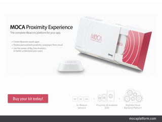 mocaplatform.com
Buy your kit today!
3x iBeacon
sensors
Proximity & Analytics
SDK
BigData Cloud
Backend Platform
+	
   +	
  
 