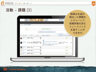活動  – 課題 (2)
                教師は生徒の
               提出した課題を
                レビューして、
               成績評価を含む
               フィードバック
                を返すことが
                 できます。




                          11
 