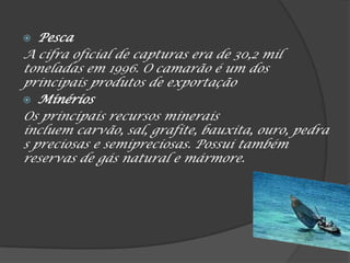 Pesca
A cifra oficial de capturas era de 30,2 mil
toneladas em 1996. O camarão é um dos
principais produtos de exportação
 Minérios
Os principais recursos minerais
incluem carvão, sal, grafite, bauxita, ouro, pedra
s preciosas e semipreciosas. Possui também
reservas de gás natural e mármore.
 