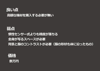 良い点
弱点
高額な機材を購入する必要が無い
慣性センサー式よりも精度が落ちる
全身が写るスペースが必要
背景と服のコントラストが必要（服の形状も体に沿ったもの）
価格
数万円
 