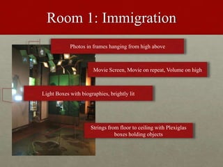 Room 1: Immigration,[object Object],Photos in frames hanging from high above,[object Object],Movie Screen, Movie on repeat, Volume on high,[object Object],Light Boxes with biographies, brightly lit,[object Object],Strings from floor to ceiling with Plexiglas boxes holding objects ,[object Object]