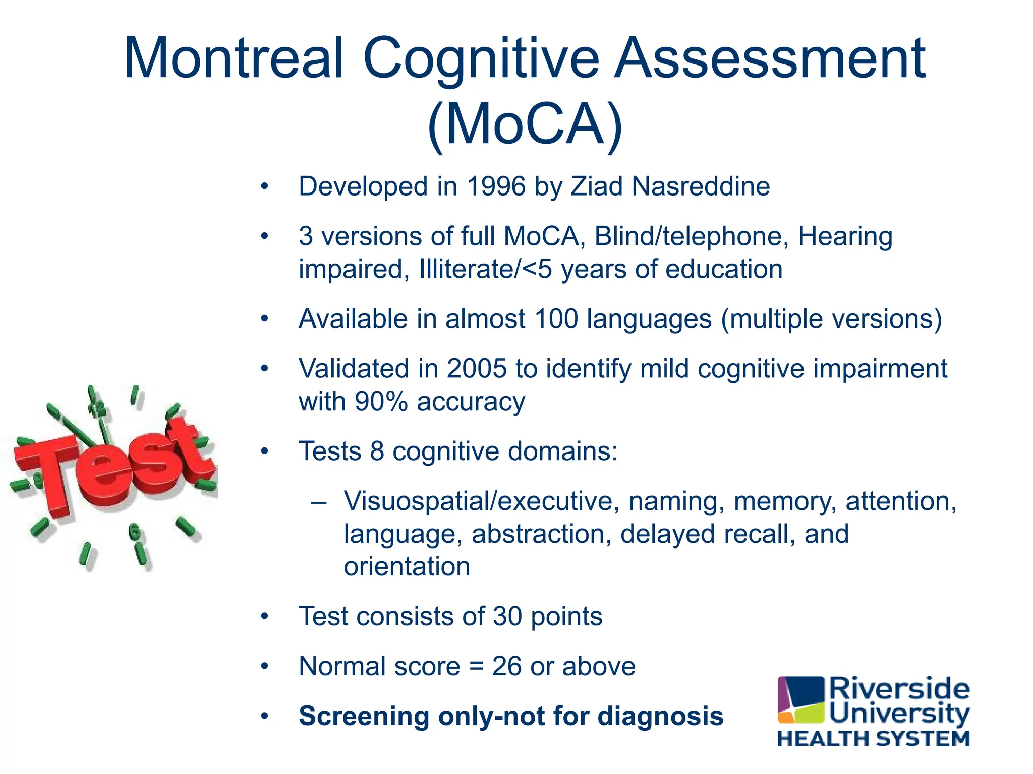 Montreal Cognitive Assessment Presentation | PDF