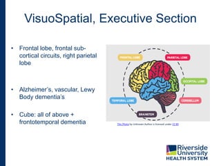 • Frontal lobe, frontal sub-
cortical circuits, right parietal
lobe
• Alzheimer’s, vascular, Lewy
Body dementia’s
• Cube: all of above +
frontotemporal dementia
VisuoSpatial, Executive Section
This Photo by Unknown Author is licensed under CC BY
 