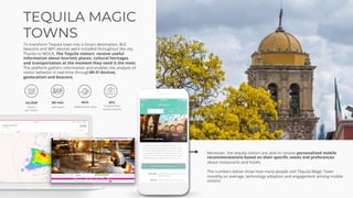 TEQUILA MAGIC
TOWNS
To transform Tequila town into a Smart destination, BLE
beacons and WiFi devices were installed throughout the city.
Thanks to MOCA, The Tequila visitors receive useful
information about touristic places, cultural heritages
and transportation at the moment they need it the most.
The platform gathers information and enables the analysis of
visitor behavior in real-time throughWi-Fi devices,
geolocation and beacons.
Moreover, the tequila visitors are able to receive personalized mobile
recommendations based on their specific needs and preferences
about restaurants and hotels.
The numbers below show how many people visit Tequila Magic Town
monthly on average, technology adoption and engagement among mobile
visitors.
 