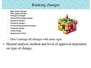 Ranking changes
– Major Impact Changes:
– Minor Impact Changes :
– Emergency Changes
– Chemical/Technology changes
– Equipment changes –
– Procedural changes –
– Personnel/Organizational changes –
– Temporary change –
– Facility change
– Replacement-in-kind
– Don’t manage all changes with same rigor
• Hazard analysis method and level of approval dependent
on type of change.
 