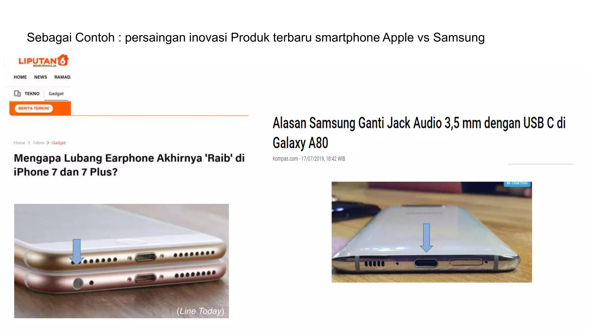 Sebagai Contoh : persaingan inovasi Produk terbaru smartphone Apple vs Samsung
(Line Today)
 