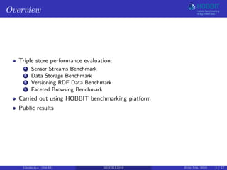 Overview
Triple store performance evaluation:
1 Sensor Streams Benchmark
2 Data Storage Benchmark
3 Versioning RDF Data Benchmark
4 Faceted Browsing Benchmark
Carried out using HOBBIT benchmarking platform
Public results
Georgala (InfAI) MOCHA2018 June 5th, 2018 3 / 17