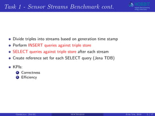 Task 1 - Sensor Streams Benchmark cont.
Divide triples into streams based on generation time stamp
Perform INSERT queries against triple store
SELECT queries against triple store after each stream
Create reference set for each SELECT query (Jena TDB)
KPIs:
1 Correctness
2 Efficiency
Georgala (InfAI) MOCHA2018 June 5th, 2018 5 / 17