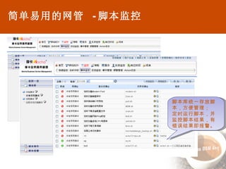 简单易用的网管  - 脚本监控 脚本库统一存放脚本，方便管理； 定时运行脚本，并监控脚本结果，有错误结果即报警。 