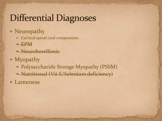  Neuropathy
 Cervical spinal cord compression

 EPM
 Neuroborelliosis

 Myopathy
 Polysaccharide Storage Myopathy (PSSM)
 Nutritional (Vit E/Selenium deficiency)

 Lameness

 