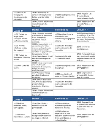 18:00 Pautas de
trabajo para
Coordinadores de
Formación.

18:00 Observación de
eclipses solares y lunares.
17:00 Libros Digitales. Libro
Eclipse lunar del 18 de
del profesor.
Octubre
18:00 Creación de unidades
interactivas con eXeLearning II.

17:00 Proyecto EJE:
Creación de una
cooperativa en el aula.
18:00 Presentación del
proyecto "Cine en el
Aula".

Martes 15

Miércoles 16

Jueves 17

16:00. Trabajo por
proyectos en
Educación Infantil:
perfeccionamiento.

16:00 Privacidad, seguridad
y protección de menores en
la red para centros
educativos. Módulo
avanzado.

16:00 La utilización de la
papiroflexia como
herramienta pedagógica en
primaria.

16:00 Curso capacitación en
el uso efectivo de las TIC e
tornos rurales y alumnado
que presen idades específica
de apoyo educativ

16:00. Poemas
voladores: versos,
tijera y papel.

16:00 Curso capacitación en el
uso efectivo de las TIC en
entornos rurales y alumnado
que presenta necesidades
específicas de apoyo educativo

16:00 Pautas de trabajo
para Coordinadores de
Formación.

16:00 Conoce las
constelaciones.

17:30. Trabajo por
rincones en Educación
Infantil.

Convocatoria Cerrada
16:00. Segunda aula virtual
Peques con Inteligencias
Múltiples.

Convocatoria Cerrada
17:00 Delphos-Papás I.

17:00 Pautas de trabajo
para fomentar la igualda
de género en Educación
Primaria I.

18:00 Plan Lector de
Centro.

16:30 El trabajo por proyectos
en el aula. Bloque II:
organización de los espacios,
tiempos, recursos y
tareas/actividades.

17:30 Libros Digitales. Libro 17:30 Presentación del
del profesor.
CRFP 2013/2014

Lunes 14

17:00 Pautas de trabajo
para Coordinadores de
Formación.
18:00 Jefatura de Estudios
en E. Primaria: documentos
programáticos y
organización del primer
claustro.
18:00 Creación de unidades
interactivas con eXeLearning III.

Lunes 21
16:00 Poemas
voladores: versos,
tijera y papel.

17:00 Smartick:
matemáticas a un clic

18:00 Presentación del
proyecto "Cine en el Aula".

18.00 Emprender en
primaria: CRA Camino
Real de Levante.

18:00 Pautas de trabajo
para Coordinadores de
Formación.

Martes 22

Miércoles 23

Jueves 24

13:00 Dirección en E.
Primaria: cauces de
participación.

16:00 Instrumentos
musicales digitales en
dispositivos móviles.

16.00 Observación de
eclipses solares y lunares
Eclipse solar del 3 de
Noviembre.

16:00 Taller general de
navegación en escenarios
de riesgo en internet.

16:30 El trabajo por
proyectos en el aula.
Bloque III: la comunicación
de los aprendizajes, la
evaluación y las

16:00 Presentación del
CRFP 2013/2014

17

 