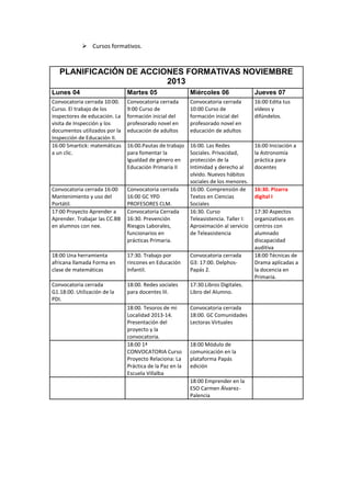  Cursos formativos.

PLANIFICACIÓN DE ACCIONES FORMATIVAS NOVIEMBRE
2013
Lunes 04

Martes 05

Miércoles 06

Jueves 07

Convocatoria cerrada 10:00.
Curso. El trabajo de los
inspectores de educación. La
visita de Inspección y los
documentos utilizados por la
Inspección de Educación II.
16:00 Smartick: matemáticas
a un clic.

Convocatoria cerrada
9:00 Curso de
formación inicial del
profesorado novel en
educación de adultos

Convocatoria cerrada
10:00 Curso de
formación inicial del
profesorado novel en
educación de adultos

16:00 Edita tus
vídeos y
difúndelos.

16:00.Pautas de trabajo
para fomentar la
Igualdad de género en
Educación Primaria II

16:00 Iniciación a
la Astronomía
práctica para
docentes

Convocatoria cerrada 16:00
Mantenimiento y uso del
Portátil.
17:00 Proyecto Aprender a
Aprender. Trabajar las CC.BB
en alumnos con nee.

Convocatoria cerrada
16:00 GC YPD
PROFESORES CLM.
Convocatoria Cerrada
16:30. Prevención
Riesgos Laborales,
funcionarios en
prácticas Primaria.

16:00. Las Redes
Sociales. Privacidad,
protección de la
Intimidad y derecho al
olvido. Nuevos hábitos
sociales de los menores.
16:00. Comprensión de
Textos en Ciencias
Sociales
16:30. Curso
Teleasistencia. Taller I:
Aproximación al servicio
de Teleasistencia

18:00 Una herramienta
africana llamada Forma en
clase de matemáticas

17:30. Trabajo por
rincones en Educación
Infantil.

Convocatoria cerrada
G3: 17:00. DelphosPapás 2.

Convocatoria cerrada
G1.18:00. Utilización de la
PDI.

18:00. Redes sociales
para docentes III.

17:30.Libros Digitales.
Libro del Alumno.

18:00. Tesoros de mi
Localidad 2013-14.
Presentación del
proyecto y la
convocatoria.
18:00 1ª
CONVOCATORIA Curso
Proyecto Relaciona: La
Práctica de la Paz en la
Escuela Villalba

Convocatoria cerrada
18:00. GC Comunidades
Lectoras Virtuales

18:00 Módulo de
comunicación en la
plataforma Papás
edición
18:00 Emprender en la
ESO Carmen ÁlvarezPalencia

16:30. Pizarra
digital I
17:30 Aspectos
organizativos en
centros con
alumnado
discapacidad
auditiva
18:00 Técnicas de
Drama aplicadas a
la docencia en
Primaria.

 
