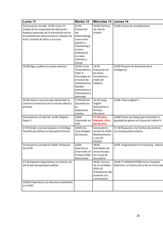 Lunes 11

Martes 12

Miércoles 13 Jueves 14

Convocatoria cerrada. 10:00. Curso. El
trabajo de los inspectores de educación.
Aspectos generales de la tramitación de los
procedimientos administrativos. Revisión de
actos: revisión de oficio y recursos.

16:00
Prevención
del
Ciberbullying(
acoso entre
iguales) y
Ciberbaiting (
acoso a
profesores).
Las salas
Informer y
Gossip.
16:30. Curso
Teleasistencia.
Taller II:
Tecnología en
el sevicio de
Teleasistencia:
Equipos
domiciliarios y
Teleasistencia
Avanzada
17:00 Edición
de partituras
en
dispositivos
móviles.
18:00
Emprender en
PCPI
18:00 Una
clase bilingüe
de Ciencias

16:00 Prácticas
de cine en
Infantil.

16:00 Conoce las constelaciones

16:30
Evaluación en
los Ciclos
Formativos a
través de
Delphos.

16:00 Proyecto de Activación de la
Inteligencia.

16:00 Elige y publica tu propia aventura

16:00 Claves y recursos para desarrollar la
conciencia emocional en el aula de infantil y
primaria

Convocatoria cerrada G4: 16:00. DelphosPapás 2.
17:30 Dirigir una clase basada en el diálogo.
Filosofía para Niños en Educación Primaria

Convocatoria cerrada.G2.18:00. Utilización
de la PDI.

17:30 Aspectos organizativos en centros con
alumnado discapacidad auditiva

16:30 Using
English
dictionaries in
Primary
Education.
17:30.Libros
Digitales. Libro
del Alumno.
Convocatoria
cerrda.G3.18:00.
Mantenimiento
y uso del
Portátil.
18:00
18:00
Experiencia
Actividades de
Emprender en musicoterapia
Primaria (CRA en el aula de
Manchuela)
secundaria.
18:00. Tesoros
de mi Localidad
2013-14.
Presentación del
proyecto y la
convocatoria.

16:00. Pizarra digital II.

16:00.Pautas de trabajo para fomentar la
Igualdad de género en Educación Infantil II
17:30 Respuesta a las familias de alumnos
con discapacidad auditiva.

18:00. Programación en Processing - Arduino
I.

18:00 1ª CONVOCATORIA Curso Proyecto
Relaciona: La Práctica de la Paz en la Escuela

18:00 El hipertexto y la literatura multimedia
en la ESO

20

 