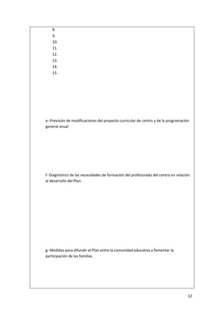 8.
9.
10.
11.
12.
13.
14.
15.

e- Previsión de modificaciones del proyecto curricular de centro y de la programación
general anual

f- Diagnóstico de las necesidades de formación del profesorado del centro en relación
al desarrollo del Plan.

g- Medidas para difundir el Plan entre la comunidad educativa y fomentar la
participación de las familias.

12

 