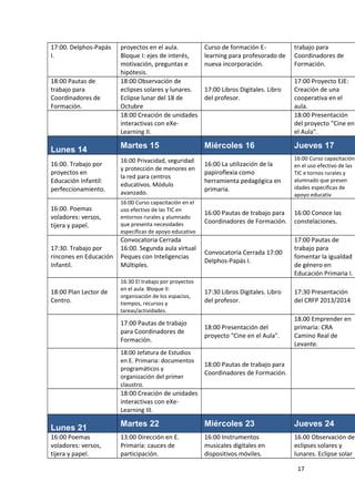 17
17:00. Delphos-Papás
I.
proyectos en el aula.
Bloque I: ejes de interés,
motivación, preguntas e
hipótesis.
Curso de formación E-
learning para profesorado de
nueva incorporación.
trabajo para
Coordinadores de
Formación.
18:00 Pautas de
trabajo para
Coordinadores de
Formación.
18:00 Observación de
eclipses solares y lunares.
Eclipse lunar del 18 de
Octubre
17:00 Libros Digitales. Libro
del profesor.
17:00 Proyecto EJE:
Creación de una
cooperativa en el
aula.
18:00 Creación de unidades
interactivas con eXe-
Learning II.
18:00 Presentación
del proyecto "Cine en
el Aula".
Lunes 14 Martes 15 Miércoles 16 Jueves 17
16:00. Trabajo por
proyectos en
Educación Infantil:
perfeccionamiento.
16:00 Privacidad, seguridad
y protección de menores en
la red para centros
educativos. Módulo
avanzado.
16:00 La utilización de la
papiroflexia como
herramienta pedagógica en
primaria.
16:00 Curso capacitación
en el uso efectivo de las
TIC e tornos rurales y
alumnado que presen
idades específicas de
apoyo educativ
16:00. Poemas
voladores: versos,
tijera y papel.
16:00 Curso capacitación en el
uso efectivo de las TIC en
entornos rurales y alumnado
que presenta necesidades
específicas de apoyo educativo
16:00 Pautas de trabajo para
Coordinadores de Formación.
16:00 Conoce las
constelaciones.
17:30. Trabajo por
rincones en Educación
Infantil.
Convocatoria Cerrada
16:00. Segunda aula virtual
Peques con Inteligencias
Múltiples.
Convocatoria Cerrada 17:00
Delphos-Papás I.
17:00 Pautas de
trabajo para
fomentar la igualdad
de género en
Educación Primaria I.
18:00 Plan Lector de
Centro.
16:30 El trabajo por proyectos
en el aula. Bloque II:
organización de los espacios,
tiempos, recursos y
tareas/actividades.
17:30 Libros Digitales. Libro
del profesor.
17:30 Presentación
del CRFP 2013/2014
17:00 Pautas de trabajo
para Coordinadores de
Formación.
18:00 Presentación del
proyecto "Cine en el Aula".
18.00 Emprender en
primaria: CRA
Camino Real de
Levante.
18:00 Jefatura de Estudios
en E. Primaria: documentos
programáticos y
organización del primer
claustro.
18:00 Pautas de trabajo para
Coordinadores de Formación.
18:00 Creación de unidades
interactivas con eXe-
Learning III.
Lunes 21 Martes 22 Miércoles 23 Jueves 24
16:00 Poemas
voladores: versos,
tijera y papel.
13:00 Dirección en E.
Primaria: cauces de
participación.
16:00 Instrumentos
musicales digitales en
dispositivos móviles.
16.00 Observación de
eclipses solares y
lunares. Eclipse solar
 