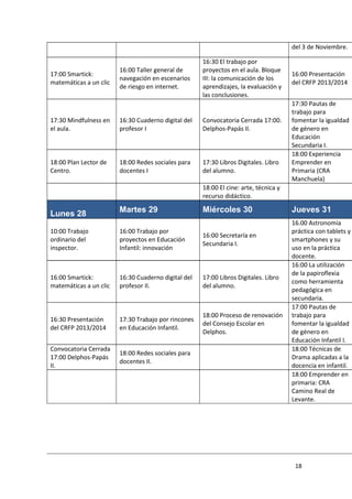 18
del 3 de Noviembre.
17:00 Smartick:
matemáticas a un clic
16:00 Taller general de
navegación en escenarios
de riesgo en internet.
16:30 El trabajo por
proyectos en el aula. Bloque
III: la comunicación de los
aprendizajes, la evaluación y
las conclusiones.
16:00 Presentación
del CRFP 2013/2014
17:30 Mindfulness en
el aula.
16:30 Cuaderno digital del
profesor I
Convocatoria Cerrada 17:00.
Delphos-Papás II.
17:30 Pautas de
trabajo para
fomentar la igualdad
de género en
Educación
Secundaria I.
18:00 Plan Lector de
Centro.
18:00 Redes sociales para
docentes I
17:30 Libros Digitales. Libro
del alumno.
18:00 Experiencia
Emprender en
Primaria (CRA
Manchuela)
18:00 El cine: arte, técnica y
recurso didáctico.
Lunes 28 Martes 29 Miércoles 30 Jueves 31
10:00 Trabajo
ordinario del
inspector.
16:00 Trabajo por
proyectos en Educación
Infantil: innovación
16:00 Secretaría en
Secundaria I.
16.00 Astronomía
práctica con tablets y
smartphones y su
uso en la práctica
docente.
16:00 Smartick:
matemáticas a un clic
16:30 Cuaderno digital del
profesor II.
17:00 Libros Digitales. Libro
del alumno.
16:00 La utilización
de la papiroflexia
como herramienta
pedagógica en
secundaria.
16:30 Presentación
del CRFP 2013/2014
17:30 Trabajo por rincones
en Educación Infantil.
18:00 Proceso de renovación
del Consejo Escolar en
Delphos.
17:00 Pautas de
trabajo para
fomentar la igualdad
de género en
Educación Infantil I.
Convocatoria Cerrada
17:00 Delphos-Papás
II.
18:00 Redes sociales para
docentes II.
18:00 Técnicas de
Drama aplicadas a la
docencia en infantil.
18:00 Emprender en
primaria: CRA
Camino Real de
Levante.
 