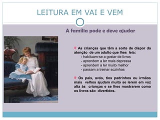LEITURA EM VAI E VEM
A família pode e deve ajudar
As crianças que têm a sorte de dispor da
atenção de um adulto que lhes leia:
- habituam-se a gostar de livros
- aprendem a ler mais depressa
- aprendem a ler muito melhor
- passam a treinar sozinhas
Os pais, avós, tios padrinhos ou irmãos
mais velhos ajudam muito se lerem em voz
alta às crianças e se lhes mostrarem como
os livros são divertidos.
 