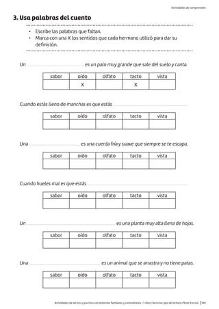 Actividades de lectura y escritura en entornos familiares y comunitarios / Libro Cierra los ojos de Victoria Pérez Escrivá |149
3. Usa palabras del cuento
• Escribe las palabras que faltan.
• Marca con una X los sentidos que cada hermano utilizó para dar su
definición.
Un ..................................................... es un palo muy grande que sale del suelo y canta.
sabor oído olfato tacto vista
X X
sabor oído olfato tacto vista
sabor oído olfato tacto vista
sabor oído olfato tacto vista
sabor oído olfato tacto vista
sabor oído olfato tacto vista
Cuando estás lleno de manchas es que estás .....................................................................
Una ............................................... es una cuerda fría y suave que siempre se te escapa.
Cuando hueles mal es que estás .............................................................................................
Un .................................................................................. es una planta muy alta llena de hojas.
Una .................................................................. es un animal que se arrastra y no tiene patas.
Actividades de comprensión
 