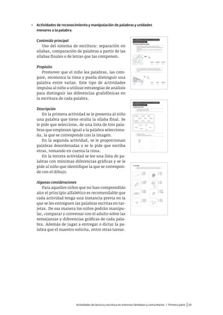 Actividades de lectura y escritura en entornos familiares y comunitarios / Primera parte |29
• Actividades de reconocimiento y manipulación de palabras y unidades
menores a la palabra.
Contenido principal
Uso del sistema de escritura: separación en
sílabas, comparación de palabras a partir de las
sílabas finales o de letras que las componen.
Propósito
Promover que el niño lea palabras, las com-
pare, reconozca la rima y pueda distinguir una
palabra entre varias. Este tipo de actividades
impulsa al niño a utilizar estrategias de análisis
para distinguir las diferencias grafofónicas en
la escritura de cada palabra.
Descripción
En la primera actividad se le presenta al niño
una palabra que tiene oculta la sílaba final. Se
le pide que seleccione, de una lista de tres pala-
bras que empiezan igual a la palabra selecciona-
da, la que se corresponde con la imagen.
En la segunda actividad, se le proporcionan
palabras desordenadas y se le pide que escriba
otras, tomando en cuenta la rima.
En la tercera actividad se lee una lista de pa-
labras con mínimas diferencias gráficas y se le
pide al niño que identifique la que se correspon-
de con el dibujo.
Algunas consideraciones
Para aquellos niños que no han comprendido
aún el principio alfabético es recomendable que
cada actividad tenga una instancia previa en la
que se les entreguen las palabras escritas en tar-
jetas. De esa manera los niños podrán manipu-
lar, comparar y conversar con el adulto sobre las
semejanzas y diferencias gráficas de cada pala-
bra. Además de jugar a entregar o dictar la pa-
labra que el maestro solicita, entre otras tareas.
4. Lee y elige
• Señala en cada lista la palabra que se corresponde con la imagen.
HUESO
QUESO
BESO
LECHERO
LECHERÍA
LECHE
TEJADOS
TEJIDOS
TEJONES
PECECITA
PELOTITA
PERRITA
GATA
GATO
GOTA
CONTAR
COLLAR
COMPRAR
HUECO
HUESO
HUELLA
CANA
LANA
SANA
B. Actividades para avanzar en el conocimiento
del sistema de escritura
1. Palabras que riman
• Lee las palabras de los recuadros.
• Agrupa aquellas que rimen entre sí.
• Escríbelas en las listas.
• Complétalas con otras palabras que rimen.
perrito
palito
lobito
...............................
...............................
...............................
...............................
...............................
...............................
...............................
...............................
...............................
...............................
...............................
...............................
...............................
PERRITO
CEPILLOS
ZAPATO
GATO
OVILLOS
PLATO
ANILLO
LOBITO
PALITO
PELOTITA
BOLITA
COMER BARRER
CORRER
COLITA
CUER
CA
B. Actividades para avanzar en el conocimiento
del sistema de escritura
1. Descubre la palabra escondida
• Detrás de la tarjeta se esconde el final de una palabra. ¿Cuál es?
• Di en voz alta la palabra que nombra lo que usó Cocodrilo para bajarle el
cuello a Jirafa.
• Busca esa palabra entre las tres que están escritas debajo. Márcala con
una cruz.
• Di en voz alta la palabra que nombra donde Cocodrilo se acuesta.
• Busca esa palabra entre las tres que están escritas debajo. Márcala con
una cruz.
CUERPO
CAJA
CUERNOS
CAMA
CUERDA
CAMILLA
 