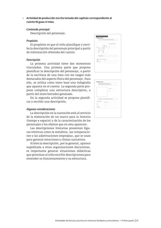 Actividades de lectura y escritura en entornos familiares y comunitarios / Primera parte |33
• Actividad de producción escrita tomada del capítulo correspondiente al
cuento Ni guau ni miau
Contenido principal
Descripción del personaje.
Propósito
El propósito es que el niño planifique y escri-
ba la descripción del personaje principal a partir
de información obtenida del cuento.
Descripción
La primera actividad tiene dos momentos
vinculados. Una primera parte que propone
planificar la descripción del personaje, a partir
de la escritura de una lista con los rasgos más
destacados del aspecto físico del personaje. Para
ello, se utiliza como texto base una infografía
que aparece en el cuento. La segunda parte pro-
pone completar una estructura descriptiva, a
partir del texto borrador generado.
En la segunda actividad se propone planifi-
car y escribir una descripción.
Algunas consideraciones
La descripción en la narración está al servicio
de la elaboración de un marco para la historia
(tiempo y espacio) y de la caracterización de los
personajes y los objetos que en esta aparecen.
Las descripciones literarias presentan figu-
ras retóricas como la metáfora, las comparacio-
nes y las adjetivaciones impropias, que se usan
para generar emociones y climas narrativos.
Si bien la descripción, por lo general, aparece
supeditada a otras organizaciones discursivas,
es importante generar situaciones didácticas
que permitan al niño escribir descripciones para
entender su funcionamiento y su estructura.
2. Planifica y escribe
• Dibuja tu perrito o un perro que conozcas.
• Elige cinco partes del cuerpo y describe cómo son.
1. Orejas ...................................
2. ................................................
3. ................................................
4. ................................................
5. ................................................
• Describe cómo es tu perro o algún perro que conozcas.
Mi perrito se llama .................................................................................................................................
....................................................... es un perro con ...............................................................................
Tiene ............................................................................................... y .......................................................
Sus ....................................................... son ..............................................................................................
Además tiene ..........................................................................................................................................
................................................................ y .................................................................................................
.....................................................................................................................................................................
C. Actividades de producción
1. Planifica y escribe
• Elige cinco partes del cuerpo de Fabio y describe cómo son.
Ejemplo: orejas suavecitas
1. ................................................
2. ................................................
3. ................................................
4. ................................................
5. ................................................
• Describe a Fabio.
Fabio es un perro con orejas suavecitas.
Tiene ................................................................................................................................ y ......................
Sus ................................................ son .....................................................................................................
Además, tiene .........................................................................................................................................
...................................................................................... y ...........................................................................
.....................................................................................................................................................................
 