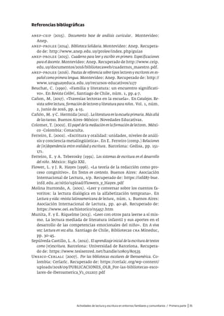 Actividades de lectura y escritura en entornos familiares y comunitarios / Primera parte |35
Referencias bibliográficas
anep–ceip (2015). Documento base de análisis curricular. Montevideo:
Anep.
anep–prolee (2014). Biblioteca Solidaria. Montevideo: Anep. Recupera-
do de: http://www.anep.edu.uy/prolee/index.php/guias
anep–prolee (2015). Cuaderno para leer y escribir en primero. Especificaciones
paraeldocente. Montevideo: Anep. Recuperado de http://www.ceip.
edu.uy/documentos/2016/bibliotecaweb/cuaderno1_maestro.pdf.
anep–prolee (2016). Pautas de referencia sobre tipos lectores y escritores en es-
pañol como primera lengua. Montevideo: Anep. Recuperado de: http://
www.uruguayeduca.edu.uy/recursos-educativos/1177
Beuchat, C. (1990). «Familia y literatura: un encuentro significati-
vo». En Revista Colibrí, Santiago de Chile, núm. 1, pp.4-7.
Cañon, M. (2017). «Travesías lectoras en la escuela». En Catalejos. Re-
vista sobre lectura, formación de lectores y literatura para niños. Vol. 1, núm.
2, junio de 2016, pp. 4-15.
Cañón, M. y C. Hermida (2012). Laliteraturaenlaescuelaprimaria.Másallá
de las tareas. Buenos Aires–México: Novedades Educativas.
Colomer, T. (2002). El papel de la mediación en la formación de lectores. Méxi-
co -Colombia: Conaculta.
Ferreiro, E. (2002). «Escritura y oralidad: unidades, niveles de análi-
sis y conciencia metalingüística». En E. Ferreiro (comp.) Relaciones
de (in)dependencia entre oralidad y escritura. Barcelona: Gedisa, pp. 151-
171.
Ferreiro, E. y A. Teberosky (1991). Los sistemas de escritura en el desarrollo
del niño. México: Siglo XXI.
Flower, L. y J. R. Hayes (1996). «La teoría de la redacción como pro-
ceso congnitivo». En Textos en contexto. Buenos Aires: Asociación
Internacional de Lectura, s/p. Recuperado de: https://isfd87-bue.
infd.edu.ar/sitio/upload/Flowers_y_Hayes.pdf
Molina Iturrondo, A. (2001). «Leer y conversar sobre los cuentos fa-
voritos: la lectura dialógica en la alfabetización temprana». En
Lectura y vida: revista latinoamericana de lectura, núm. 1. Buenos Aires:
Asociación Internacional de Lectura, pp. 40-46. Recuperado de:
https://www.oei.es/historico/n5457.htm
Munita, F. y E. Riquelme (2013). «Leer con otros para leerse a sí mis-
mo. La lectura mediada de literatura infantil y sus aportes en el
desarrollo de las competencias emocionales del niño». En A viva
voz: Lectura en voz alta. Santiago de Chile, Bibliotecas cra Mineduc,
pp. 30-45.
Sepúlveda Castillo, L. A. (2012). El aprendizaje inicial de la escritura de textos
como (re)escritura. Barcelona: Universidad de Barcelona. Recupera-
do de: https://www.tesisenred.net/handle/10803/80535
Unesco–Cerlalc (2007). Por las bibliotecas escolares de Iberoamérica. Co-
lombia: Cerlarlc. Recuperado de: https://cerlalc.org/wp-content/
uploads/2018/09/PUBLICACIONES_OLB_Por-las-bibliotecas-esco-
lares-de-Iberoamerica_V1_011207.pdf
 