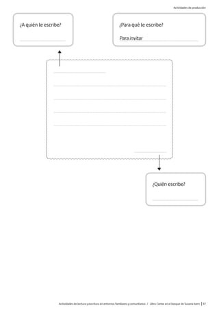 ................................................
........................................................................................................
........................................................................................................
........................................................................................................
........................................................................................................
..............................
¿A quién le escribe?
.........................................
¿Quién escribe?
.........................................
¿Para qué le escribe?
.......................................................................
Para invitar
Actividades de lectura y escritura en entornos familiares y comunitarios / Libro Cartas en el bosque de Susana Isern |57
Actividades de producción
 
