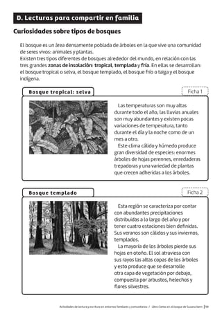 D. Lecturas para compartir en familia
Curiosidades sobre tipos de bosques
El bosque es un área densamente poblada de árboles en la que vive una comunidad
de seres vivos: animales y plantas.
Existen tres tipos diferentes de bosques alrededor del mundo, en relación con las
tres grandes zonas de insolación: tropical, templada y fría. En ellas se desarrollan:
el bosque tropical o selva, el bosque templado, el bosque frío o taiga y el bosque
indígena.
Bosque tropical: selva
Bosque templado
Ficha 1
Ficha 2
Las temperaturas son muy altas
durante todo el año, las lluvias anuales
son muy abundantes y existen pocas
variaciones de temperatura, tanto
durante el día y la noche como de un
mes a otro.
Este clima cálido y húmedo produce
gran diversidad de especies: enormes
árboles de hojas perennes, enredaderas
trepadoras y una variedad de plantas
que crecen adheridas a los árboles.
Esta región se caracteriza por contar
con abundantes precipitaciones
distribuidas a lo largo del año y por
tener cuatro estaciones bien definidas.
Sus veranos son cálidos y sus inviernos,
templados.
La mayoría de los árboles pierde sus
hojas en otoño. El sol atraviesa con
sus rayos las altas copas de los árboles
y esto produce que se desarrolle
otra capa de vegetación por debajo,
compuesta por arbustos, helechos y
flores silvestres.
Actividades de lectura y escritura en entornos familiares y comunitarios / Libro Cartas en el bosque de Susana Isern |59
 