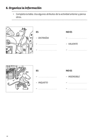 |68
6. Organiza la información
• Completa la tabla. Usa algunos atributos de la actividad anterior y piensa
otros.
ES
ES
......................................
INQUIETO
......................................
......................................
VALIENTE
......................................
INSENSIBLE
......................................
......................................
DISTRAÍDA
......................................
......................................
NO ES
NO ES
-
-
-
-
-
-
-
-
-
-
-
-
 