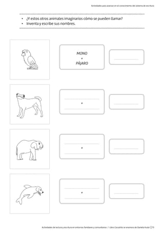 Actividades de lectura y escritura en entornos familiares y comunitarios / Libro Cocodrilo se enamora de Daniela Kulot |73
• ¿Y estos otros animales imaginarios cómo se pueden llamar?
• Inventa y escribe sus nombres.
...........................................
+
...........................................
MONO
+
PÁJARO
...........................................
+
...........................................
...........................................
+
...........................................
..............................
..............................
..............................
..............................
Actividades para avanzar en el conocimiento del sistema de escritura
 