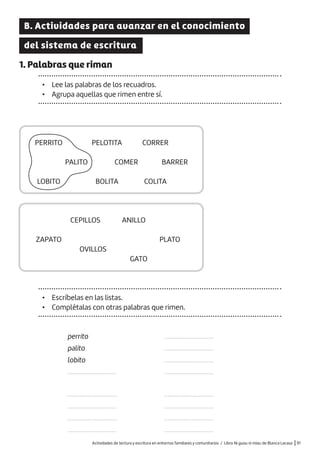 Actividades de lectura y escritura en entornos familiares y comunitarios / Libro Ni guau ni miau de Blanca Lacasa |91
B. Actividades para avanzar en el conocimiento
del sistema de escritura
1. Palabras que riman
• Lee las palabras de los recuadros.
• Agrupa aquellas que rimen entre sí.
• Escríbelas en las listas.
• Complétalas con otras palabras que rimen.
perrito
palito
lobito
...............................
...............................
...............................
...............................
...............................
...............................
...............................
...............................
...............................
...............................
...............................
...............................
...............................
PERRITO
CEPILLOS
ZAPATO
GATO
OVILLOS
PLATO
ANILLO
LOBITO
PALITO
PELOTITA
BOLITA
COMER BARRER
CORRER
COLITA
 