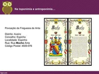 Na toponímia e antroponímia… 
Povoação da Freguesia de Anta 
Distrito: Aveiro 
Concelho: Espinho 
Localidade: Espinho 
Rua: Rua Mocho Anta 
Código Postal: 4500-076 
 
