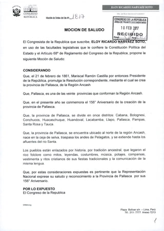 MOCIÓN DE SALUDO POR EL 156 ANIVERSARIO DE LA CREACIÓN DE LA PROVINCIA DE PALLASCA 