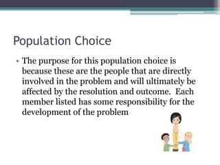 Population Choice
• The purpose for this population choice is
because these are the people that are directly
involved in the problem and will ultimately be
affected by the resolution and outcome. Each
member listed has some responsibility for the
development of the problem
 