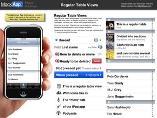 Regular Table Views Regular Table Views Regular table views (as opposed to grouped table views - next slide) are most useful to display long lists of items such as messages, contacts, etc. which users must easily scroll.  Each row is an item. The lists can be divided into sections (i.e. alphabetical) separated by grey headers as below. Hierarchical items let the user “drill down” and are indicated by a ‘>’ icon to the right of the item. M N O A B C D E F G H I J K L M N O P Q R S T U This is a regular table view Divided into sections  (the letters are the sections) and can contain several data elements (image, text, etc.) Each row is an item of the list This is a regular table view With icons like in  The “more” tab of the iPod app Podcasts G Pete  Gardener Tess  Grady M.J.  Grey Jenn  Guggenheim H Sara  Hashimoto A B C D E F G H I J K L M N O P Q R S T U V W Em  Hirsch Unread Item to delete or move Ready to be deleted Delete First  Last name mobile it highlights When pressed Not pressed yet Current status 29 
