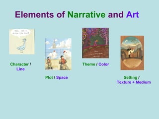 Plot   /   Space Character   /  Line Setting   /   Texture + Medium Theme   /  Color Elements of  Narrative  and  Art 