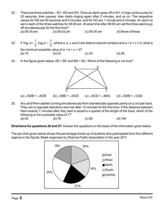 Page 5 Mock CAT
22. There are three watches – W1, W2 and W3. Once an alarm goes off in W1, it rings continuously for
20 seconds, then pauses, then starts ringing again after 2 minutes, and so on. The respective
values for W2 are 50 seconds and 5 minutes, and for W3 are 1 minute and 6 minutes. An alarm is
set in each of the three watches for 06:00 am. At what time after 06:00 am will the three alarms go
off simultaneously for the first time?
(a) 06:35 am (b) 06:42 am (c) 06:30 am (d) None of these
23. If c d
1 1
log a , log b ,
2 3
= = where a, b, c and d are distinct natural numbers and a < b < c < d, what is
the minimum possible value of a + b + c + d?
(a) 10 (b) 22 (c) 34 (d) 36
24. In the figure given below, AD = BC and BD = AC. Which of the following is not true?
A B
CD
(a) ∠ADB = ∠ACB (b) ∠ABD = ∠ACD (c) ∠ACD = ∠BAC (d) ∠ADB = ∠CAD
25. Anu and Prem started running simultaneously from diametrically opposite points on a circular track.
They ran in opposite directions and met after 12 minutes for the first time. If the distance between
them exactly ‘t’ minutes after they start is equal to a quarter of the length of the track, which of the
following is not a possible value of ‘t’?
(a) 42 (b) 78 (c) 90 (d) 144
Directions for questions 26 and 27: Answer the questions on the basis of the information given below.
The pie chart given below shows the percentage break-up of students who participated from five different
regions in the Sports Week organized by Dharma Public Association in the year 2011.
20%
16%
21%
25%
18%
East
West
North
South
Central
 