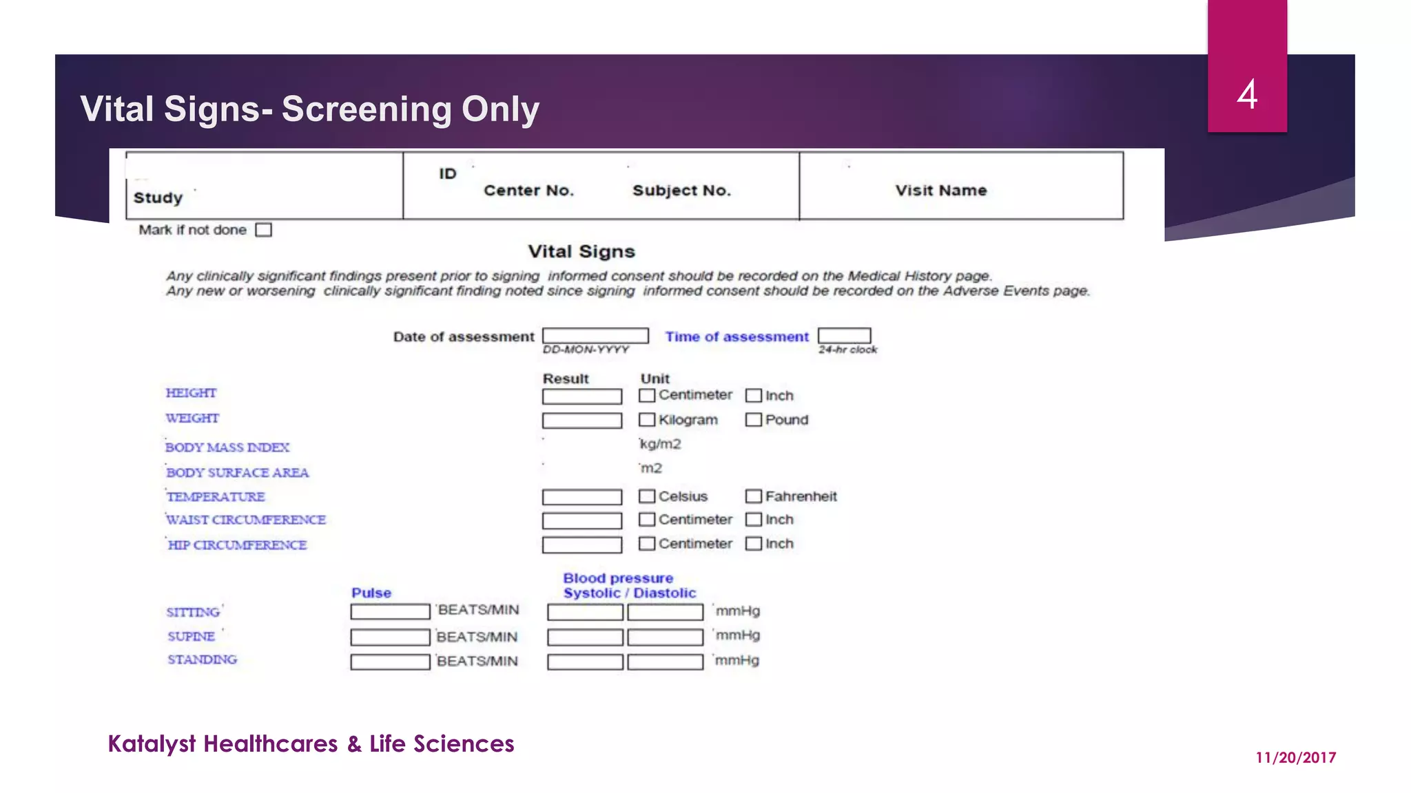 Vital Signs- Screening Only 4
Katalyst Healthcares & Life Sciences 11/20/2017
 